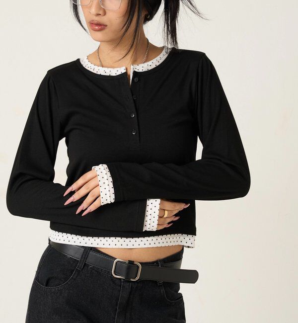  「【WEB限定カラーあり/ドット柄】レイヤードヘンリートップス」|Tシャツ・カットソー|ブラックその他1
