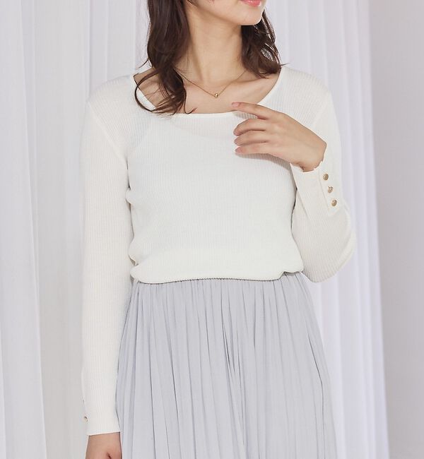 abahouse mavie「【袖ボタン】スクエアネックリブニット/きれいめ/セミオケ/通勤/春服」|ニット・セーター|ホワイト