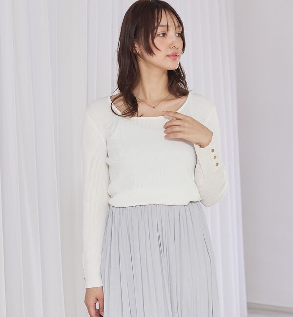 abahouse mavie「【袖ボタン】スクエアネックリブニット/きれいめ/セミオケ/通勤/春服」|ニット・セーター|