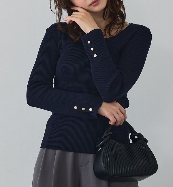abahouse mavie「【袖ボタン】スクエアネックリブニット/きれいめ/セミオケ/通勤/春服」|ニット・セーター|ダークネイビー