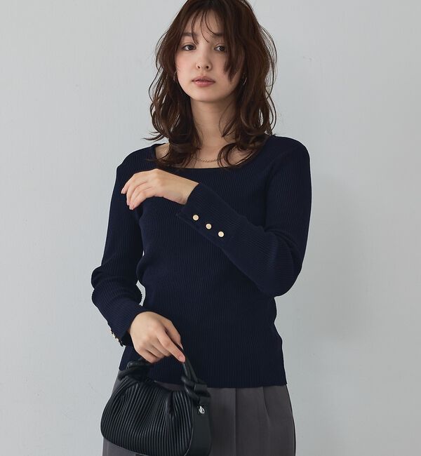 abahouse mavie「【袖ボタン】スクエアネックリブニット/きれいめ/セミオケ/通勤/春服」|ニット・セーター|