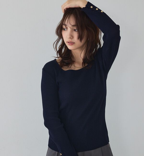 abahouse mavie「【袖ボタン】スクエアネックリブニット/きれいめ/セミオケ/通勤/春服」|ニット・セーター|