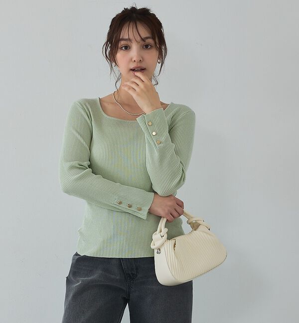 abahouse mavie「【袖ボタン】スクエアネックリブニット/きれいめ/セミオケ/通勤/春服」|ニット・セーター|