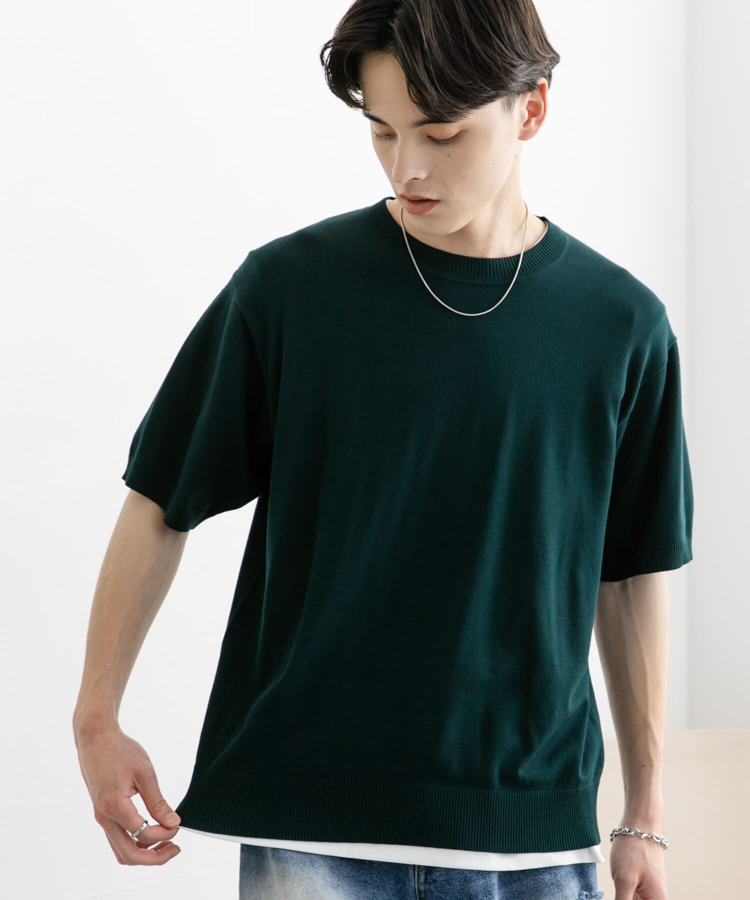 SENSE OF PLACE by URBAN RESEARCH「クルーネックニットショートスリーブTシャツ」|ニット・セーター|グリーン