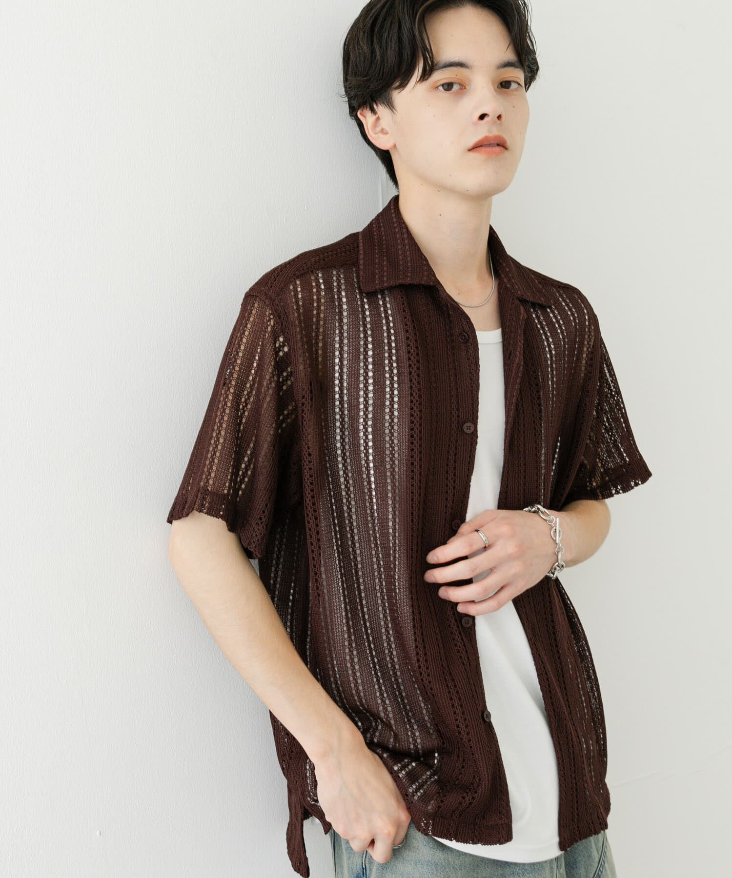 SENSE OF PLACE by URBAN RESEARCH「『ユニセックス』アソートレースオープンカラーショートスリーブシャツ」|シャツ・ブラウス|ブラウン