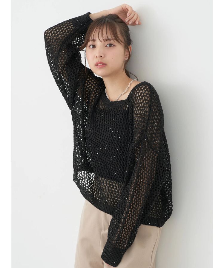 earth music&ecology「スパンコールショートゆるニット」|ニット・セーター|Black
