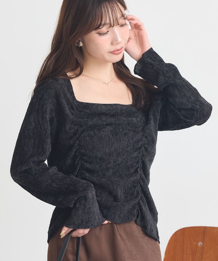 earth music&ecology「プリーツベロア風ギャザープルオーバー」|Tシャツ・カットソー|Black