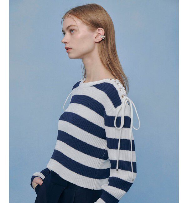 LOULOU WILLOUGHBY「【LOULOU WILLOUGHBY】レースアップショルダープルオーバー」|ニット・セーター|ネイビー