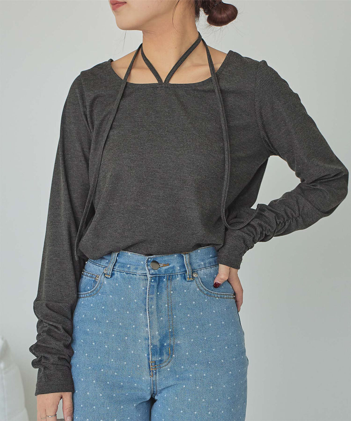 titivate「チョーカーデザインリブトップス」|Tシャツ・カットソー|チャコール