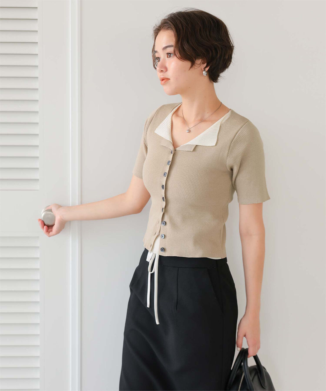 titivate「レイヤード風ハーフスリーブリブニットトップス」|ニット・セーター|