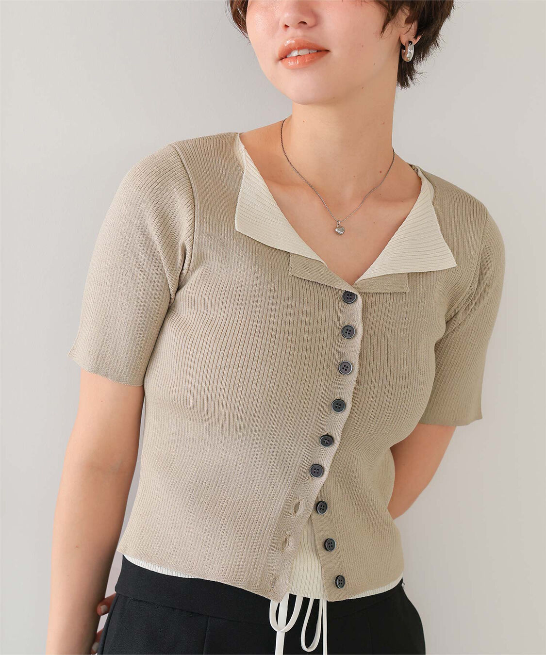titivate「レイヤード風ハーフスリーブリブニットトップス」|ニット・セーター|