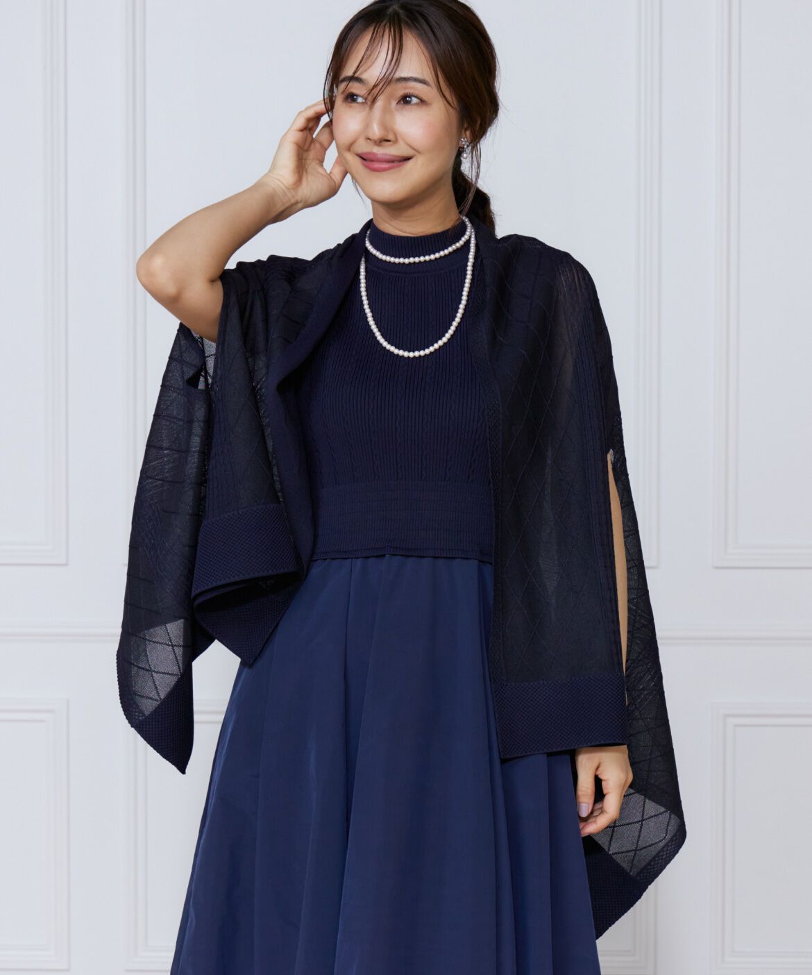 ef-de Black「シアーアーガイル大判ニットショール」|ストール|ネイビー