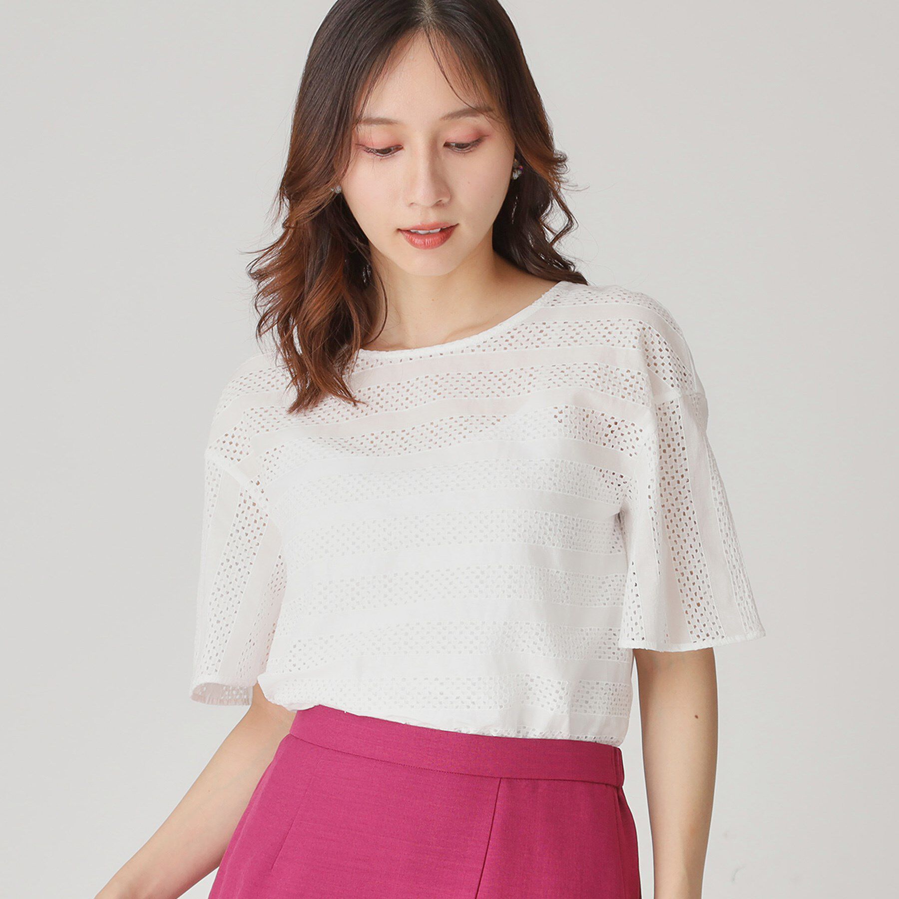 COUP DE CHANCE「【手洗い可／日本製】ジオメボーダーレースカットソー」|Tシャツ・カットソー|