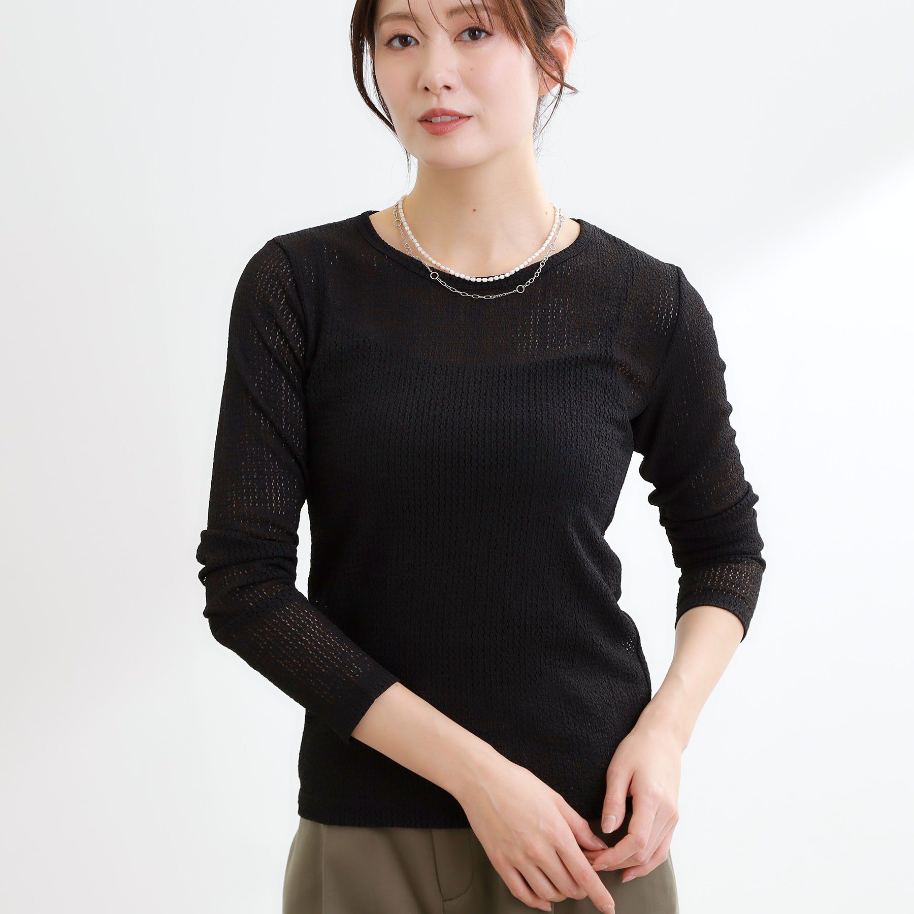 Reflect「【インナーにおすすめ◎】クルーネックレースジャージトップス」|Tシャツ・カットソー|ブラック(019)