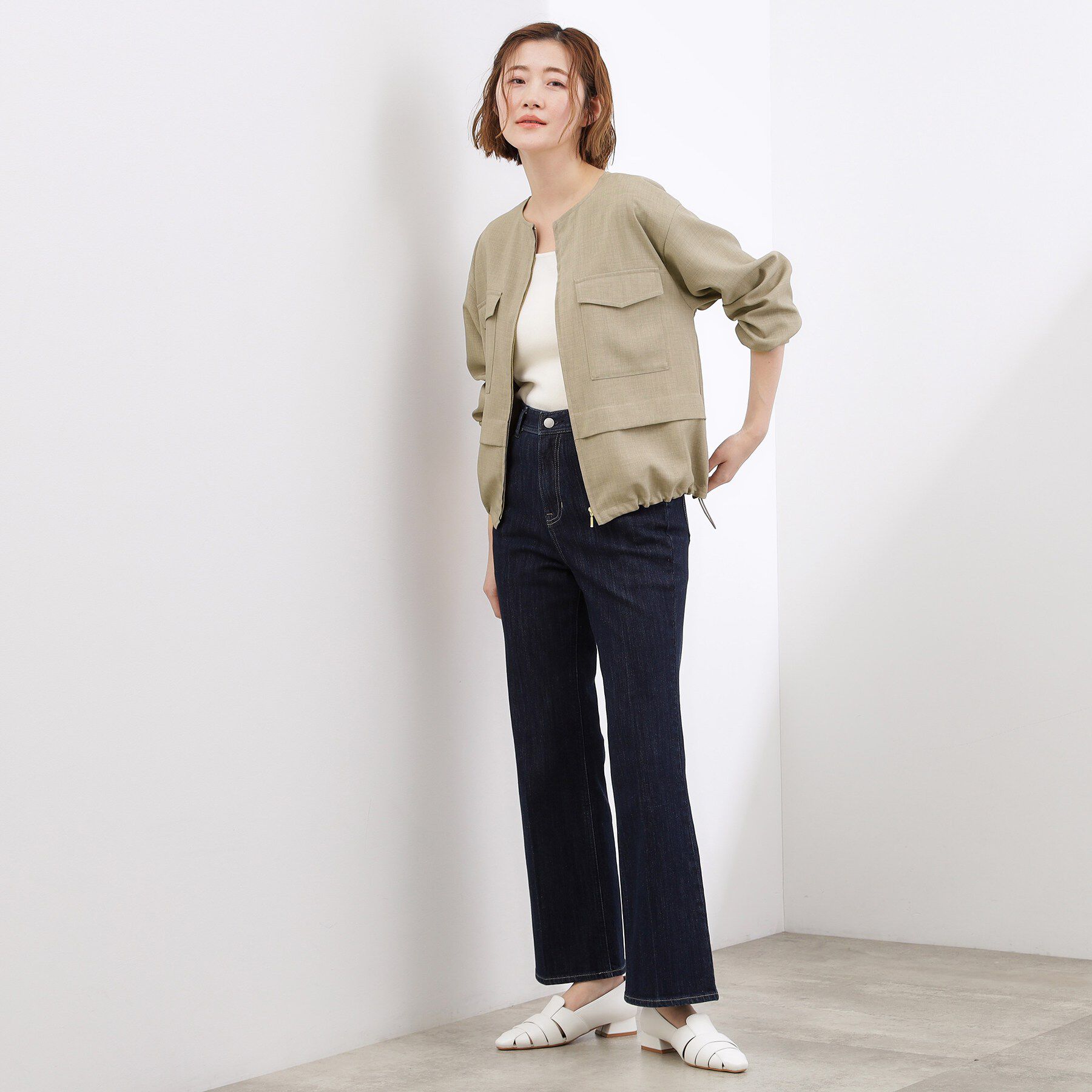 grove「【貴島明日香さん着用・洗える】麻調ノーカラーブルゾン」|ブルゾン・スタジャン|