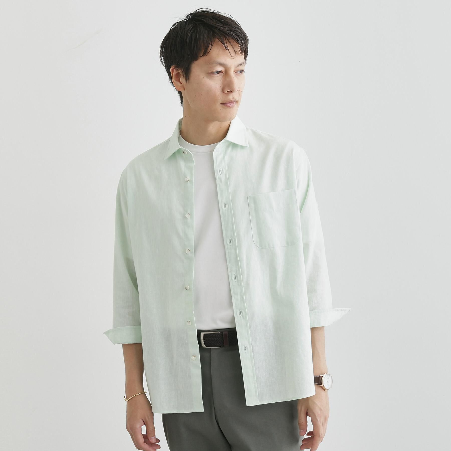 TAKEO KIKUCHI「ハイブリッド リネン 7分袖 シャツ」|シャツ・ブラウス|ミントグリーン(02