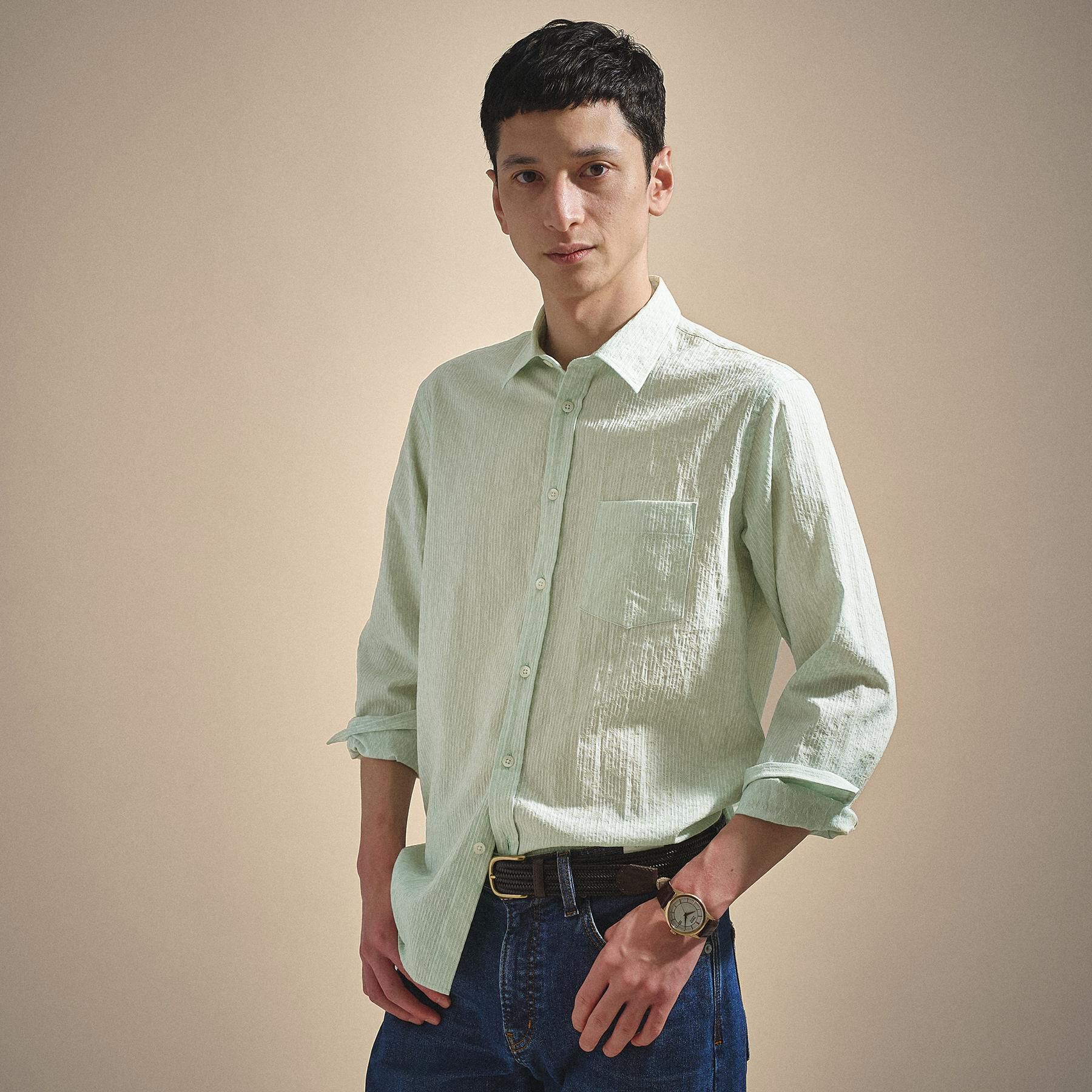 TAKEO KIKUCHI「播州 ドビーストライプ フラワーシャツ」|シャツ・ブラウス|グリーン(324)