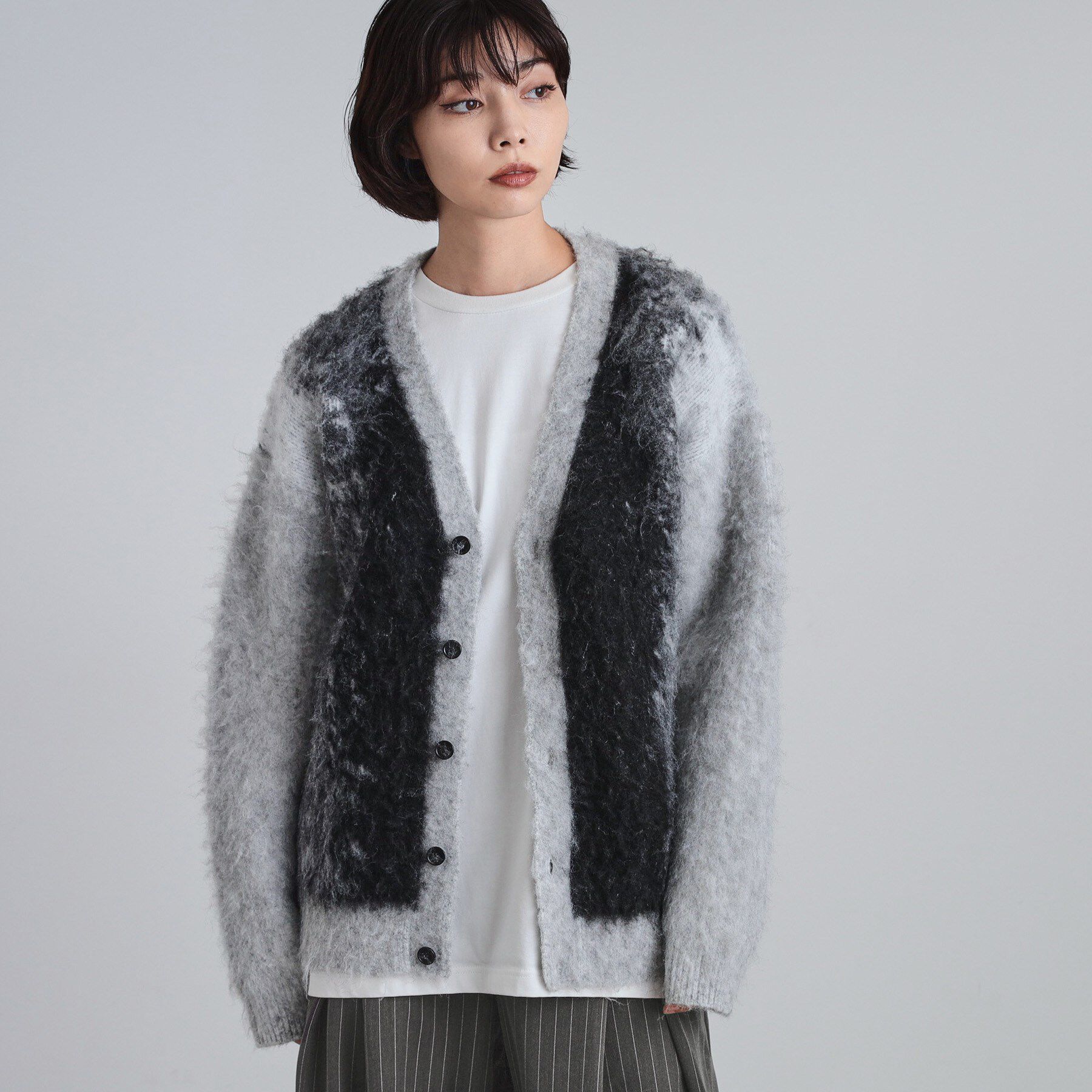 tk.TAKEO KIKUCHI「ボールドストライプシャギーニットVカーディガン」|カーディガン|