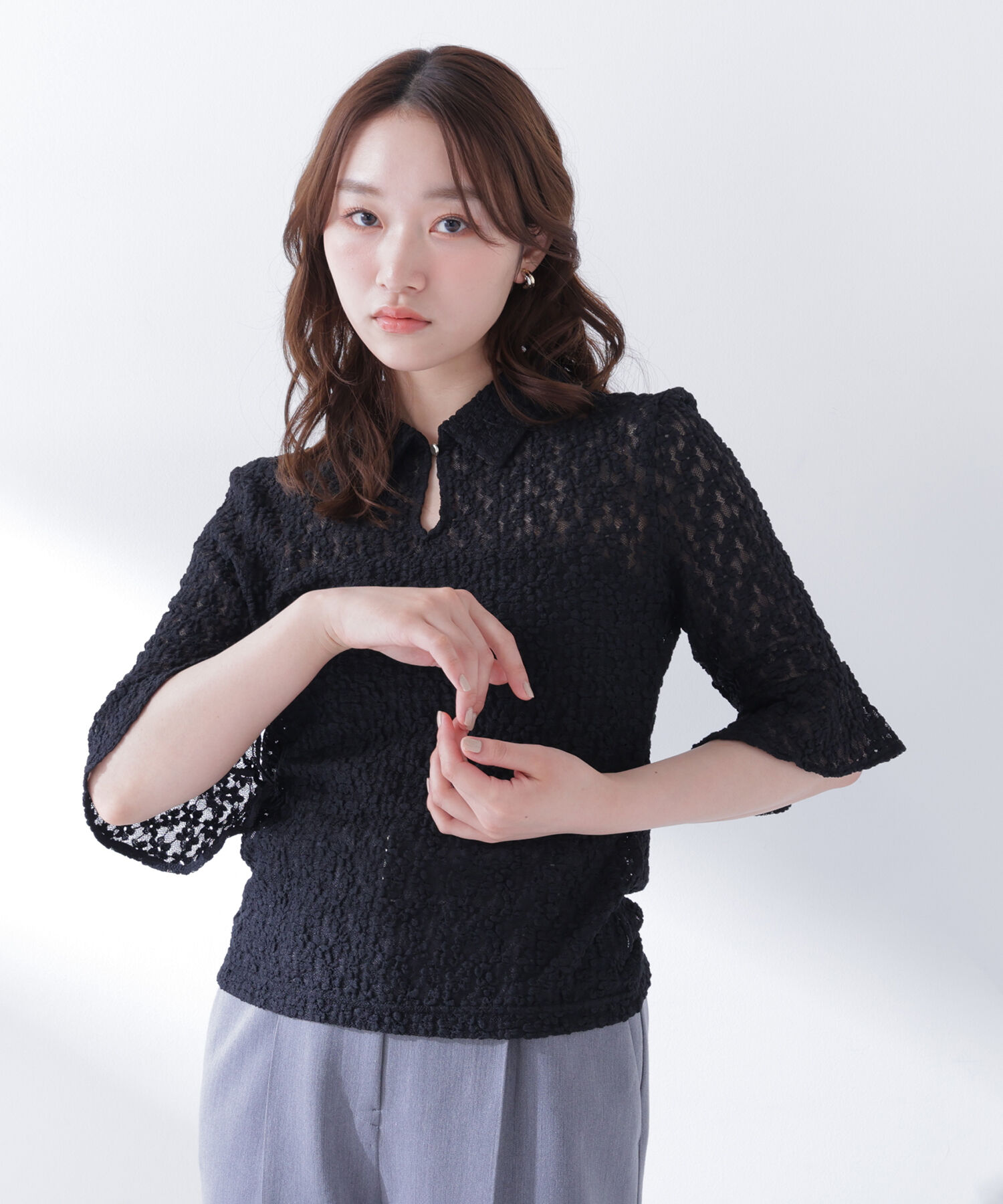  「シャツカラーレースカットソー」|Tシャツ・カットソー|