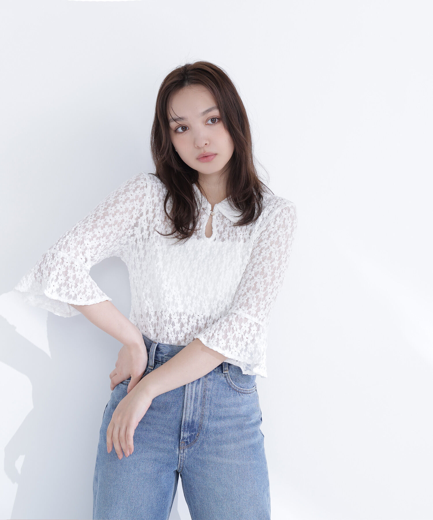  「シャツカラーレースカットソー」|Tシャツ・カットソー|