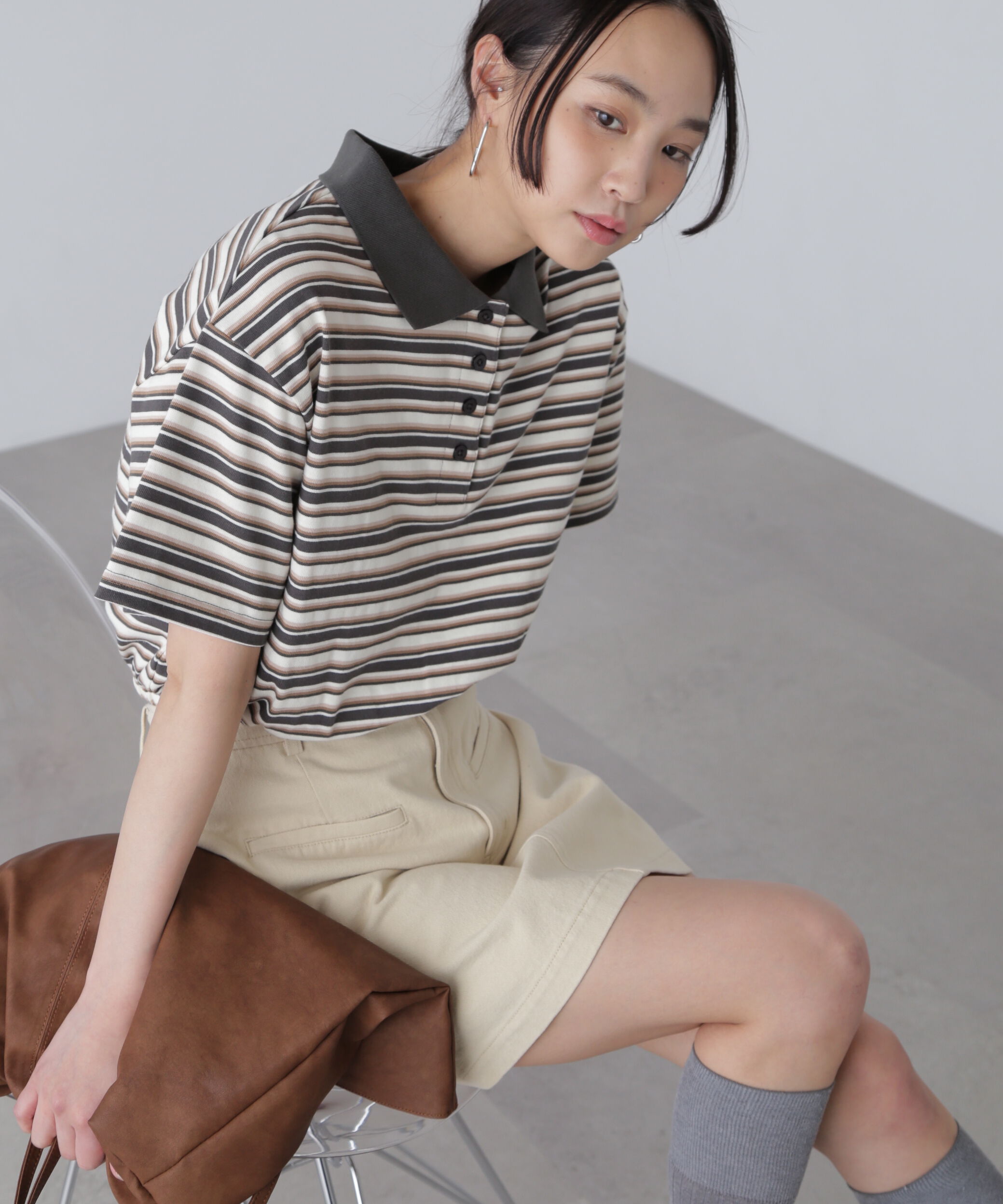  「ボーダーポロクロップドトップス」|Tシャツ・カットソー|グレー