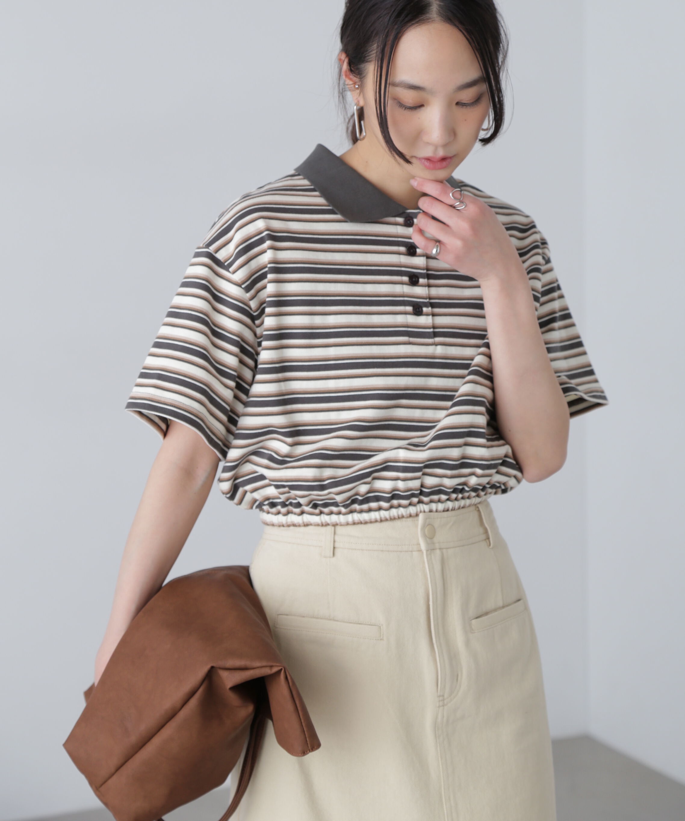  「ボーダーポロクロップドトップス」|Tシャツ・カットソー|