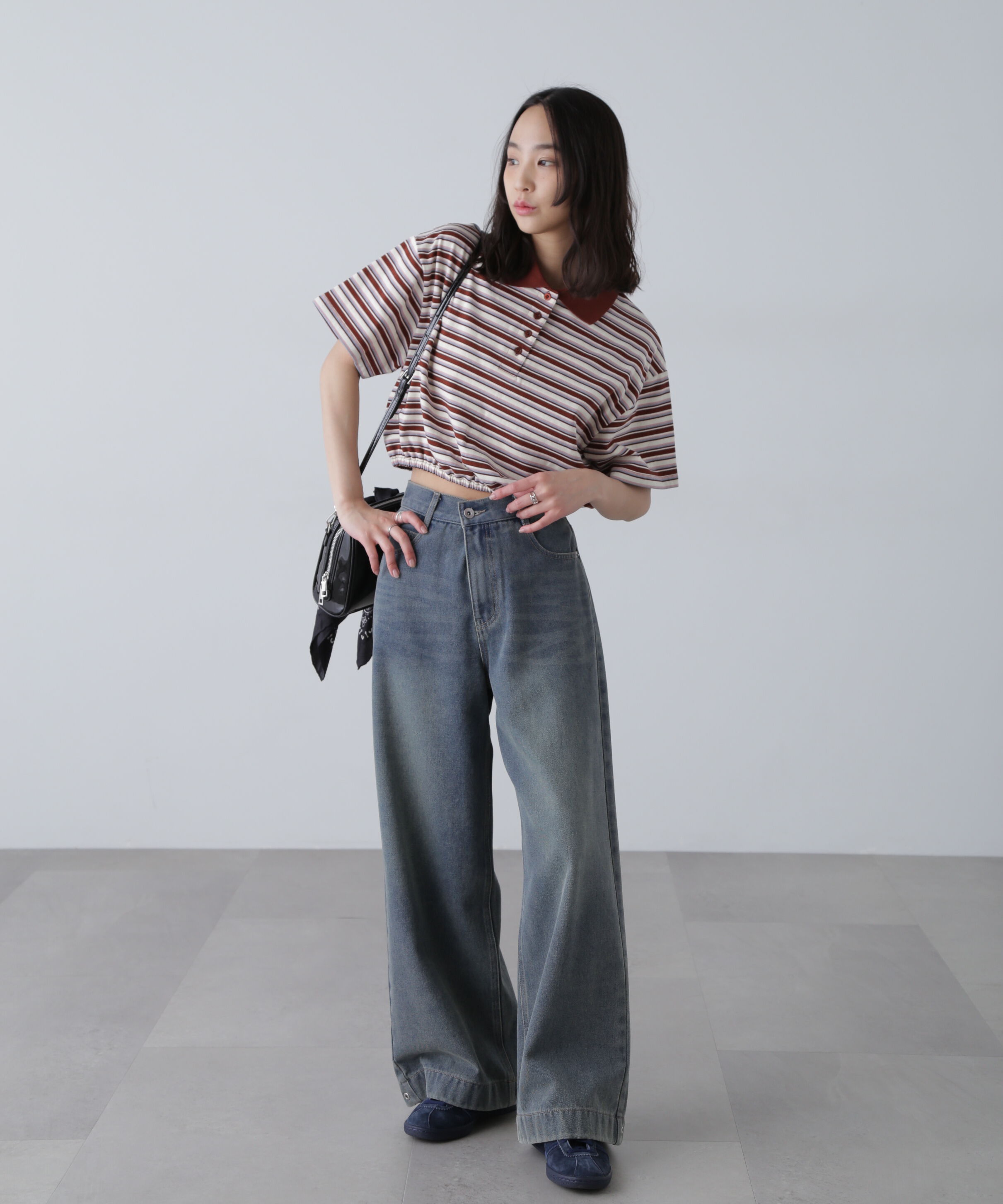  「ボーダーポロクロップドトップス」|Tシャツ・カットソー|