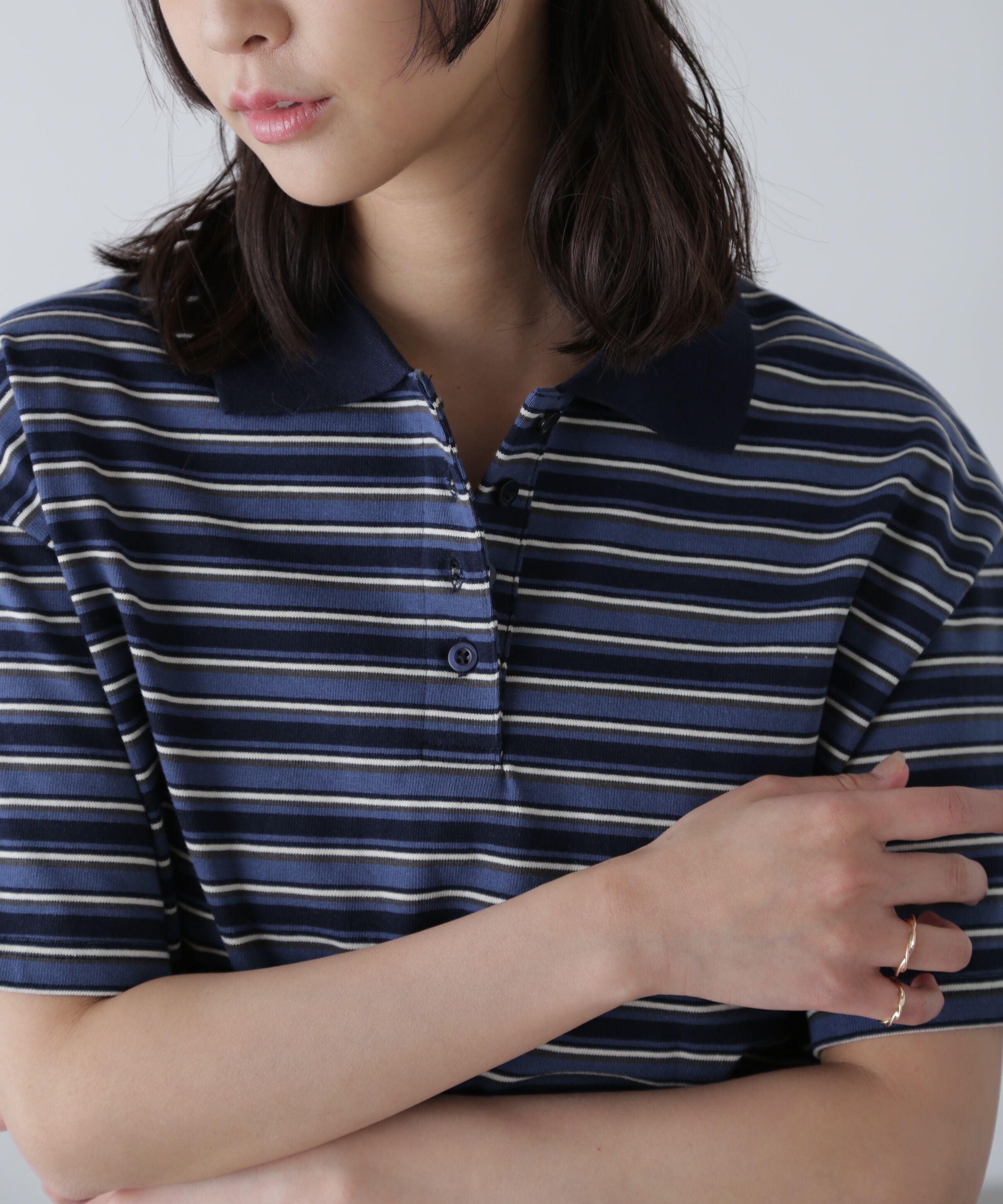  「ボーダーポロクロップドトップス」|Tシャツ・カットソー|