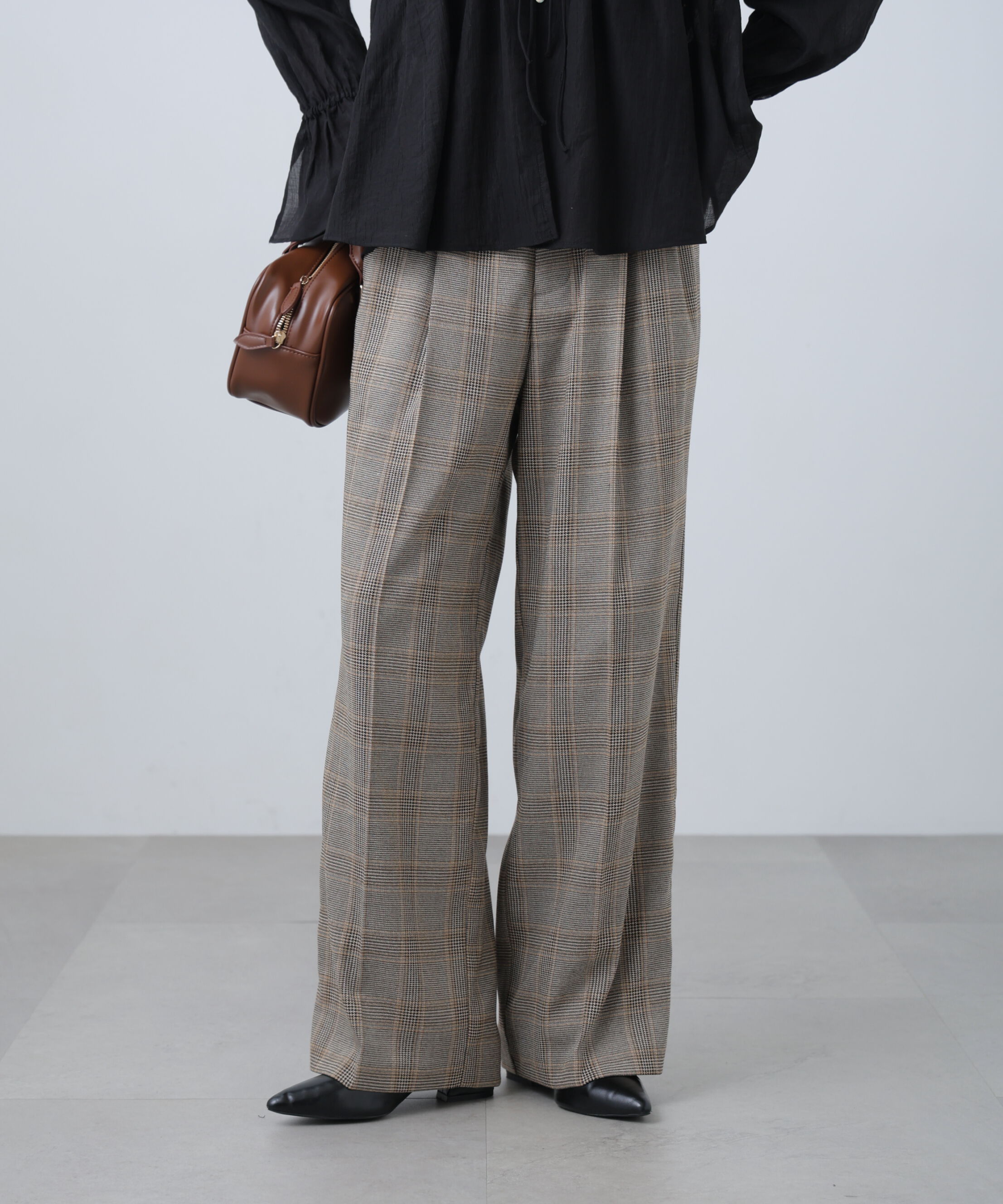  「麻調合繊タックワイドパンツ」|その他|グレーチェッ 1