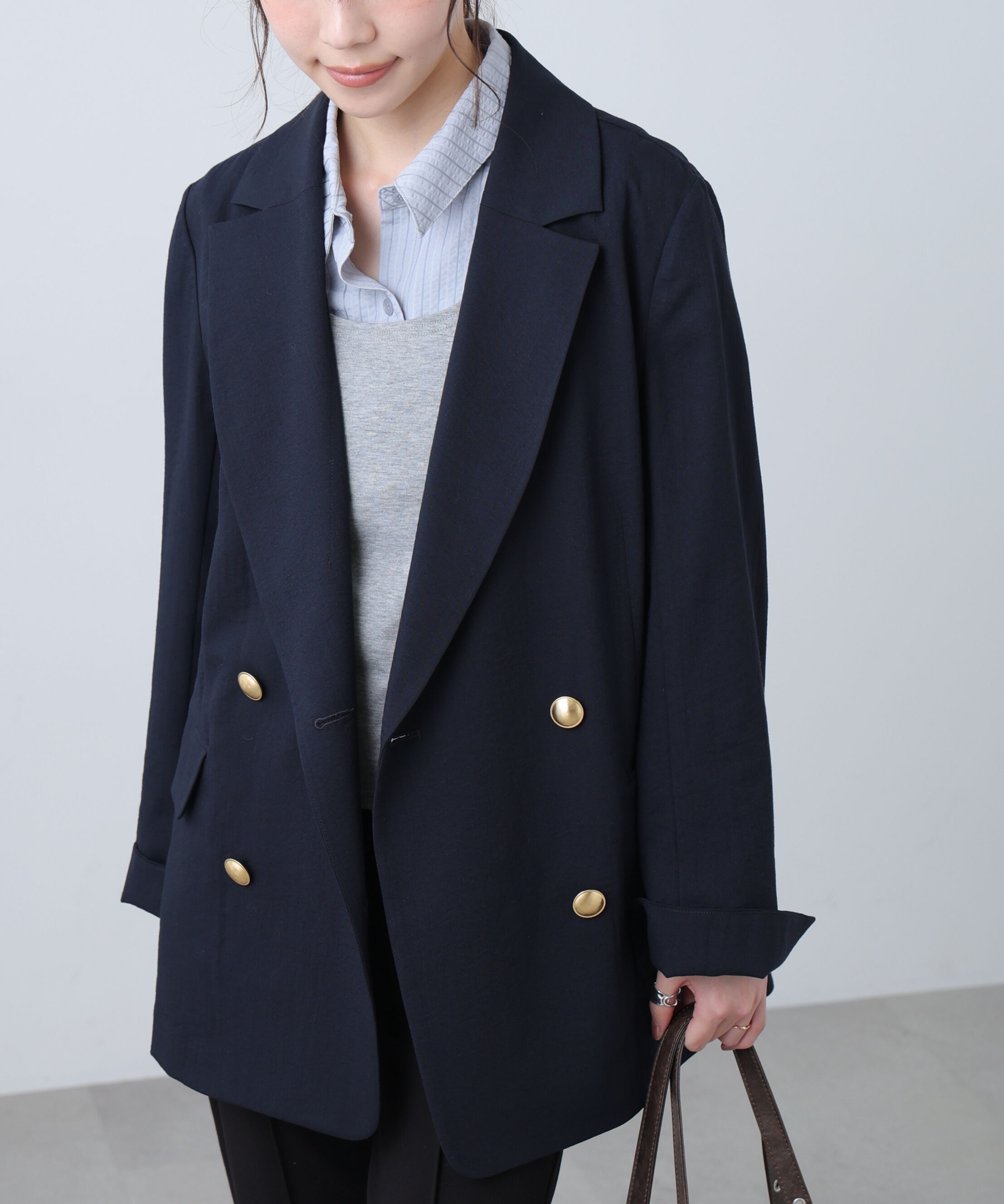  「麻調合繊ダブルブレストジャケット」|その他|ネイビー