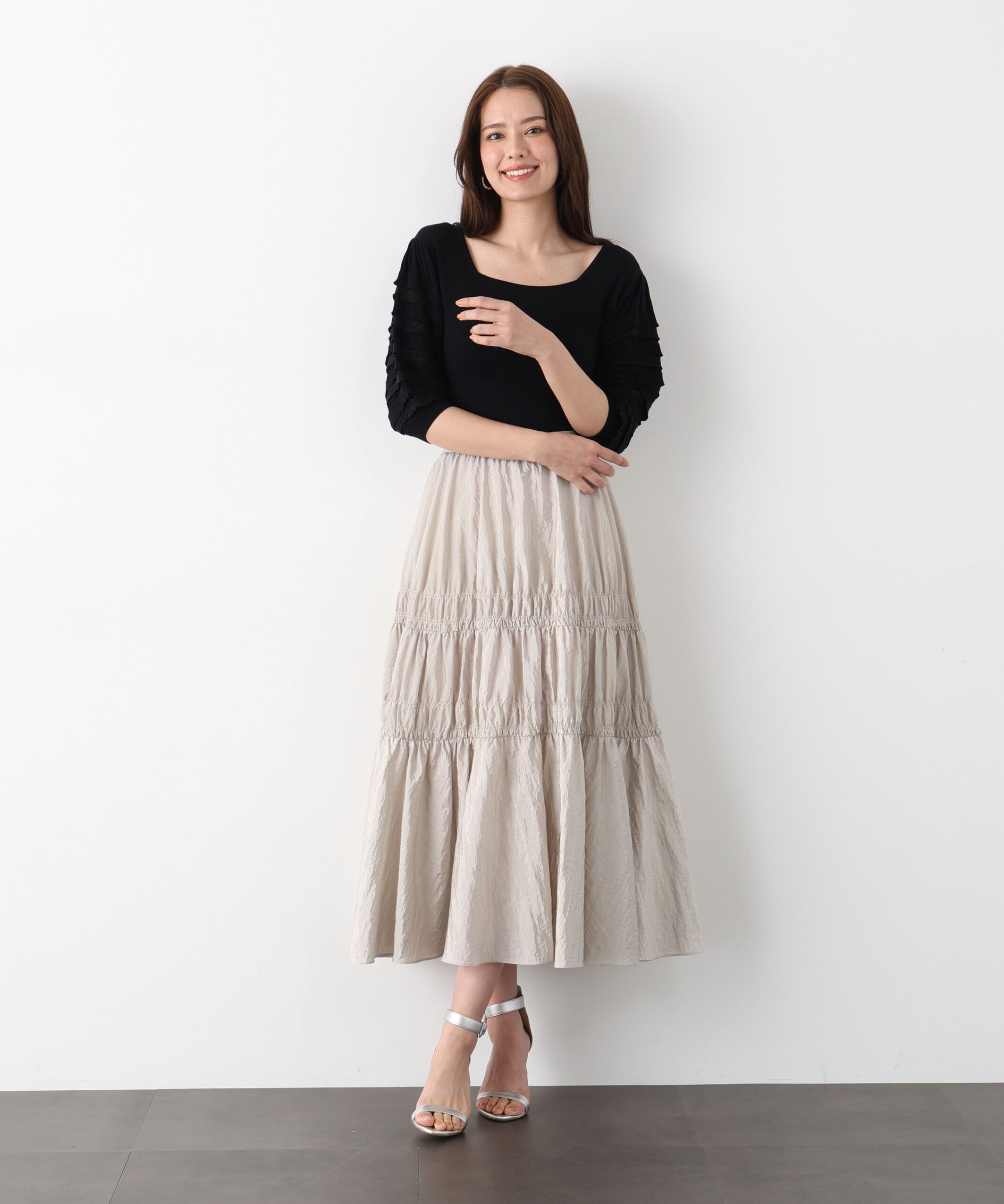  「ティアードスリーブスクエアネックニットプルオーバー」|ニット・セーター|