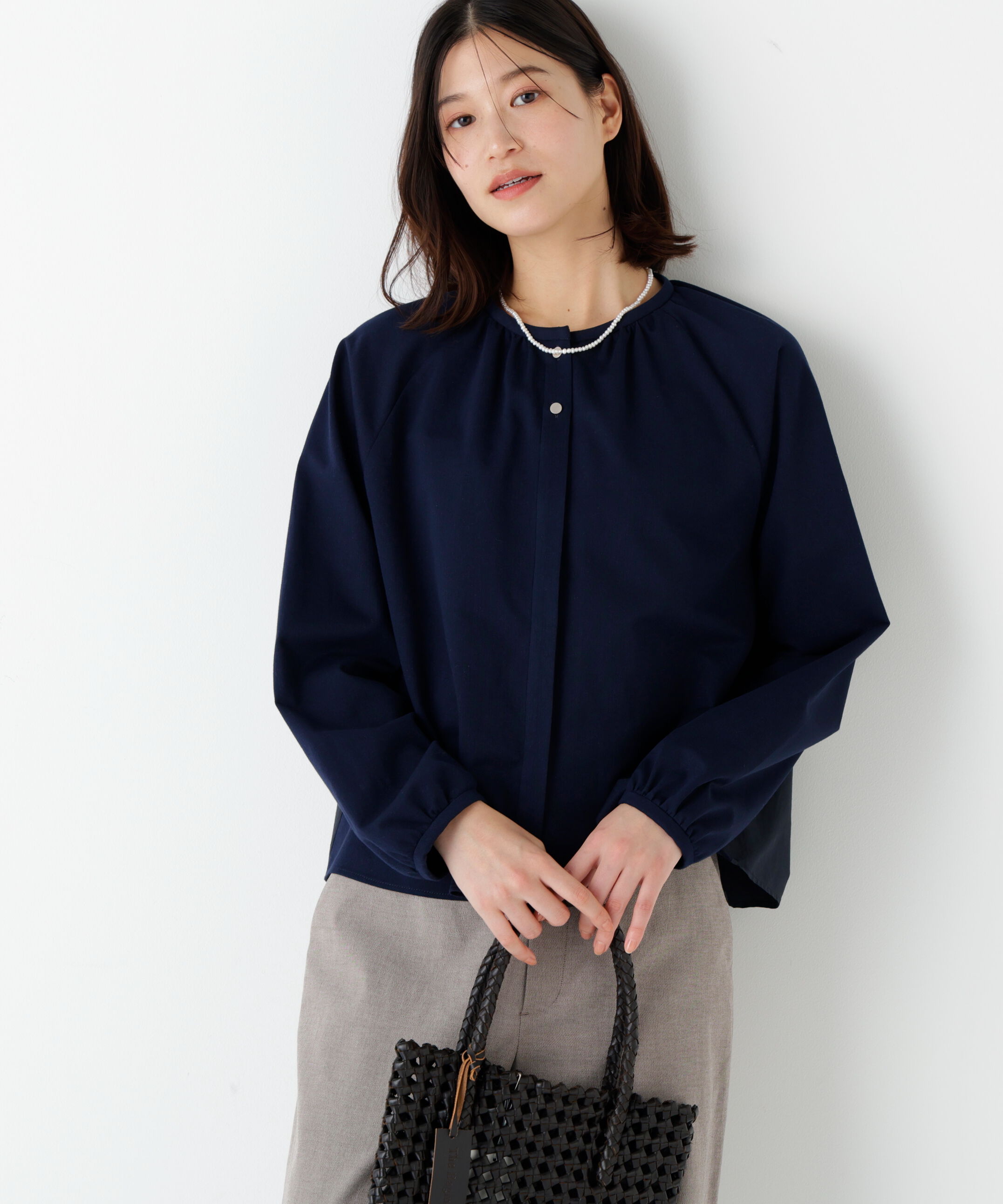  「◆バランサーカットソーギャザーブラウス」|Tシャツ・カットソー|ネイビー