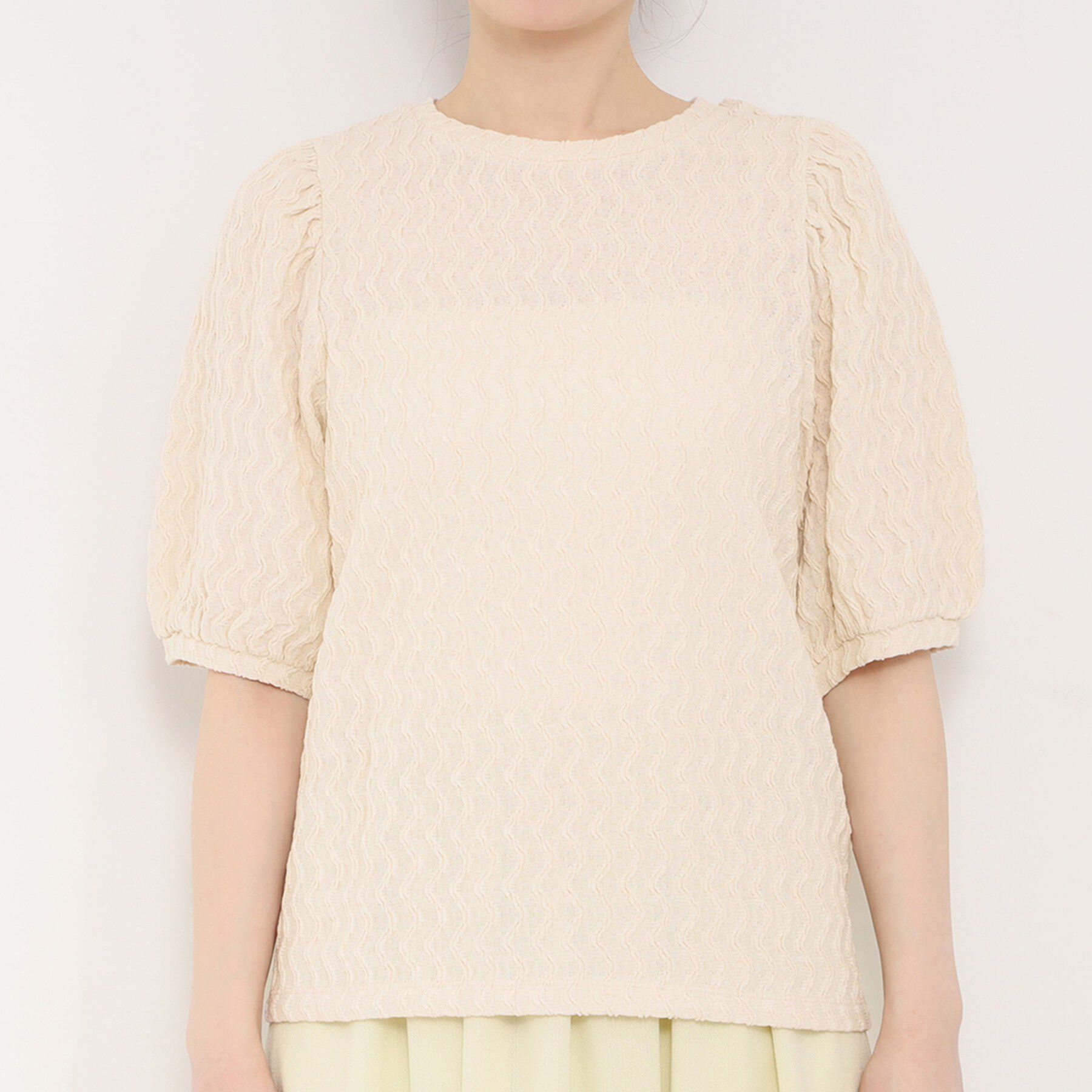 SHOO･LA･RUE「【洗える】ウェーブ柄ジャカード パフスリーブトップス」|Tシャツ・カットソー|