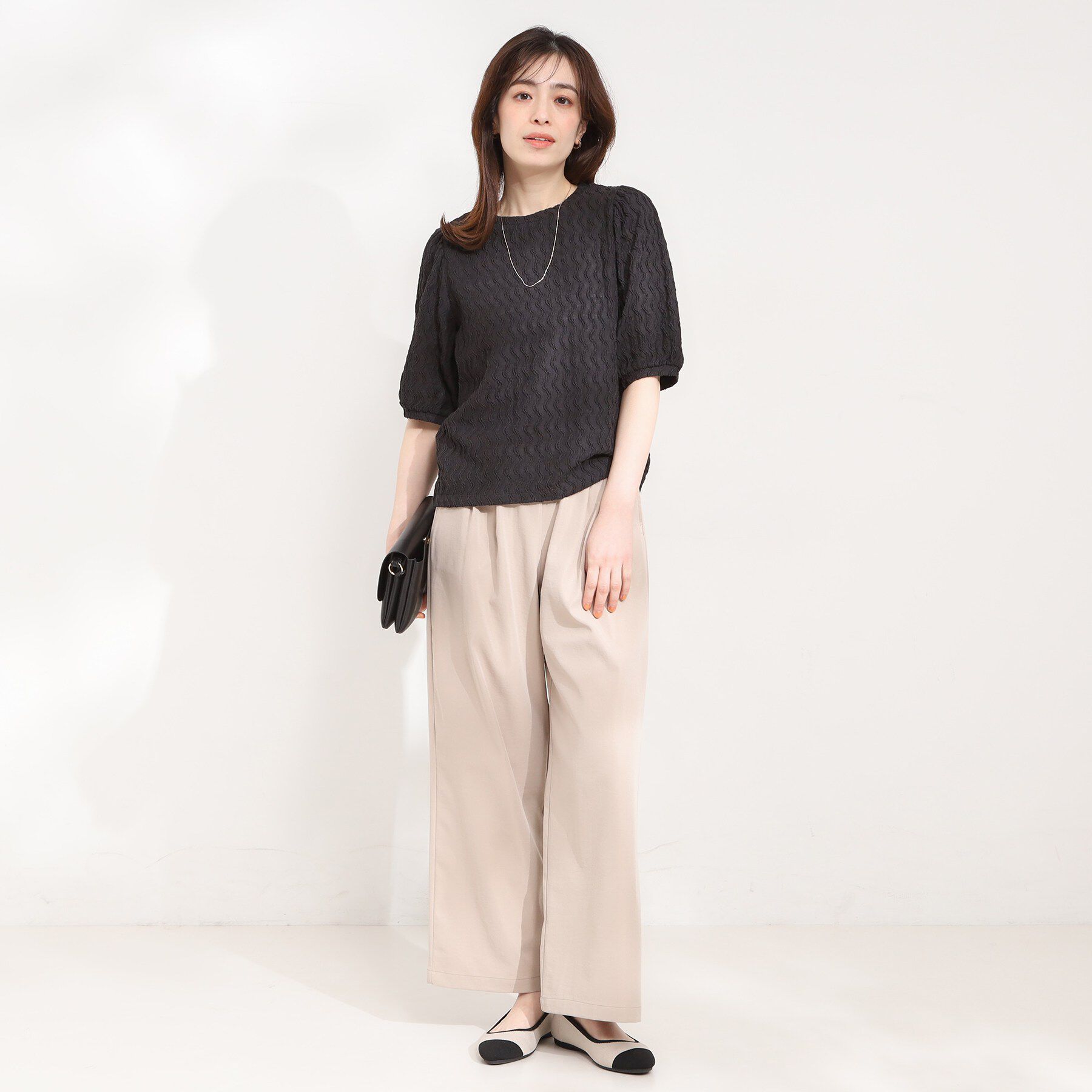 SHOO･LA･RUE「【洗える】ウェーブ柄ジャカード パフスリーブトップス」|Tシャツ・カットソー|