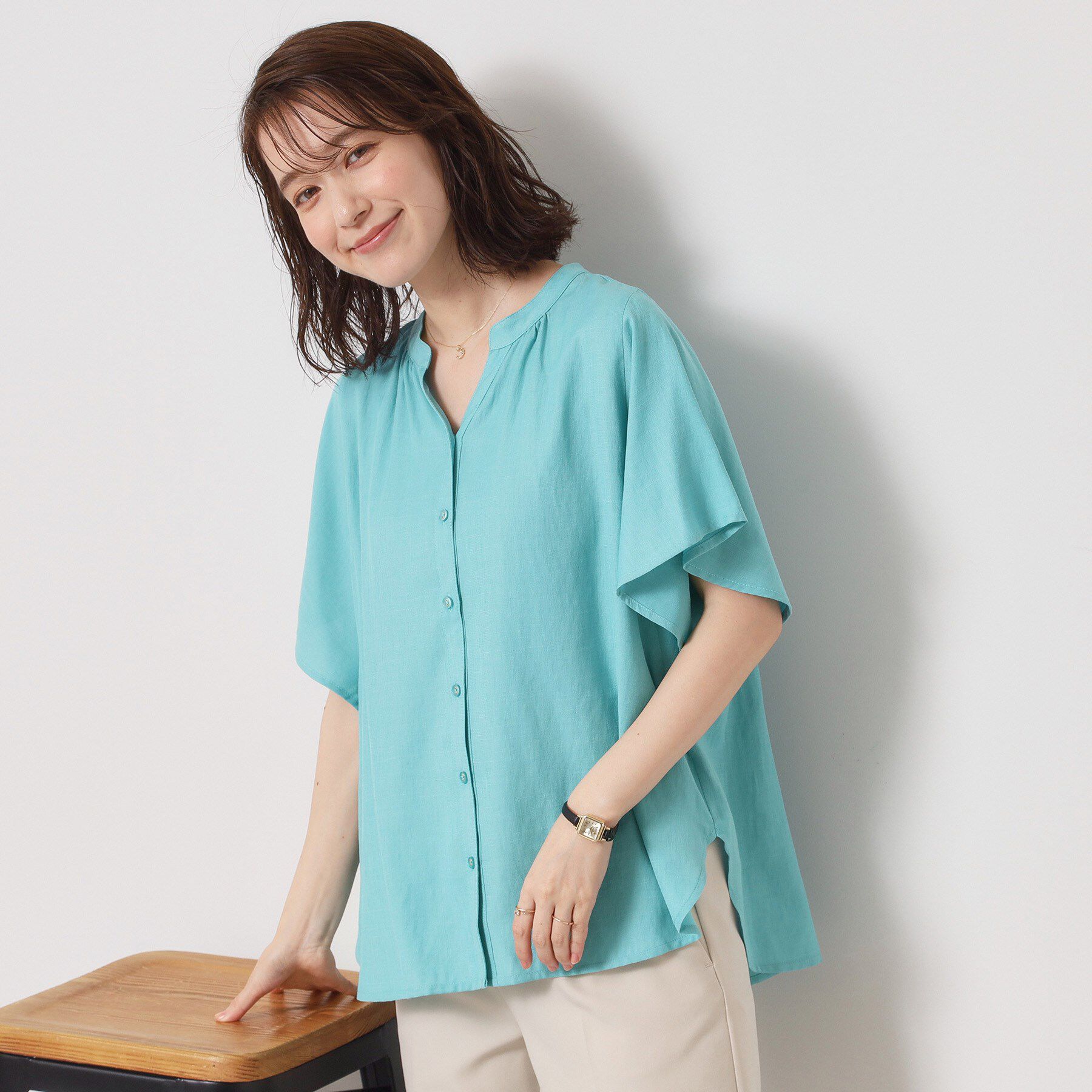 ITS&rsquo;DEMO「【接触冷感／羽織にも／手洗い可】強撚スラブフリル袖ブラウス」|シャツ・ブラウス|