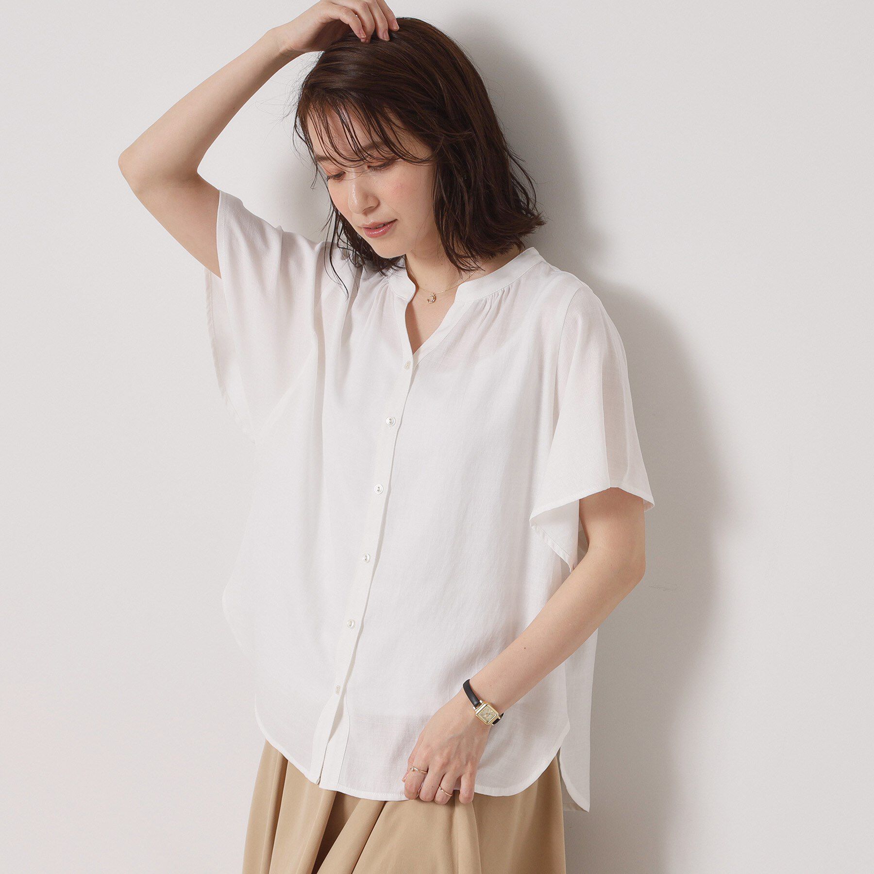 ITS&rsquo;DEMO「【接触冷感／羽織にも／手洗い可】強撚スラブフリル袖ブラウス」|シャツ・ブラウス|