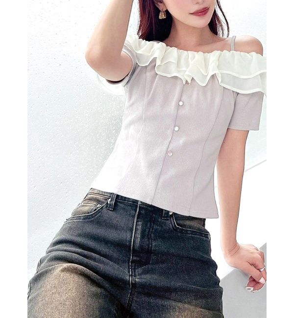 RESEXXY「ラッフルカラーリブトップス」|ニット・セーター|ベージュ