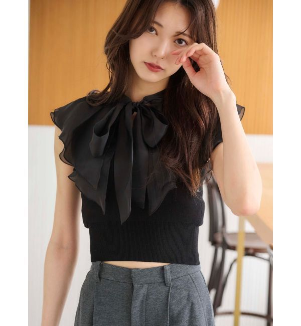 MERCURYDUO「異素材ラッフルコンパクトニット」|ニット・セーター|ブラック