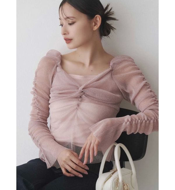 MERCURYDUO「ラメチュールツイストギャザートップス」|Tシャツ・カットソー|