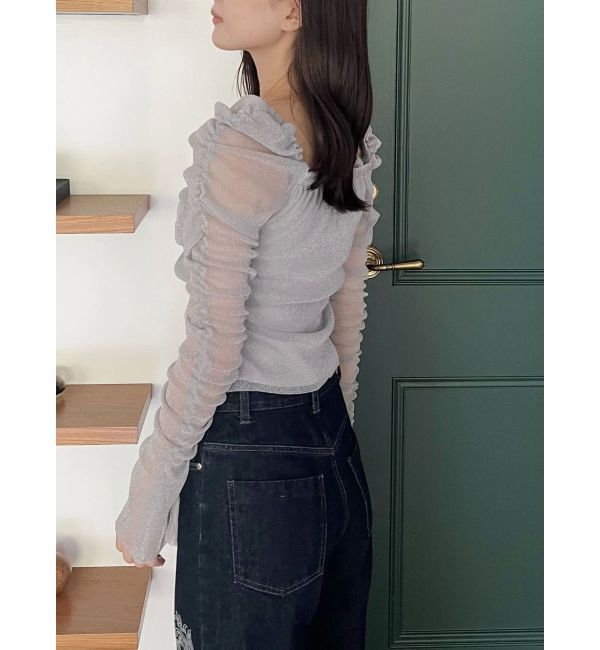 MERCURYDUO「ラメチュールツイストギャザートップス」|Tシャツ・カットソー|