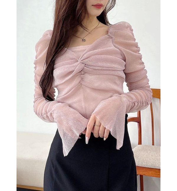 MERCURYDUO「ラメチュールツイストギャザートップス」|Tシャツ・カットソー|