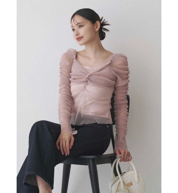 MERCURYDUO「ラメチュールツイストギャザートップス」|Tシャツ・カットソー|