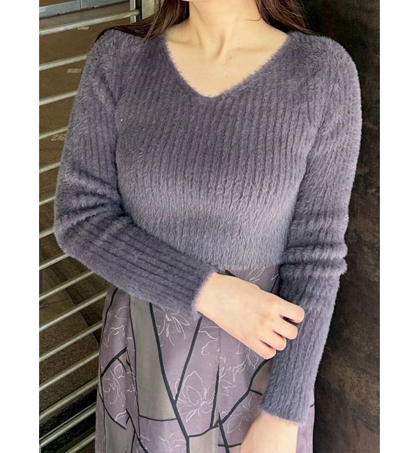 MERCURYDUO「ミニシャギーVネッククロップドニット」|ニット・セーター|グレー