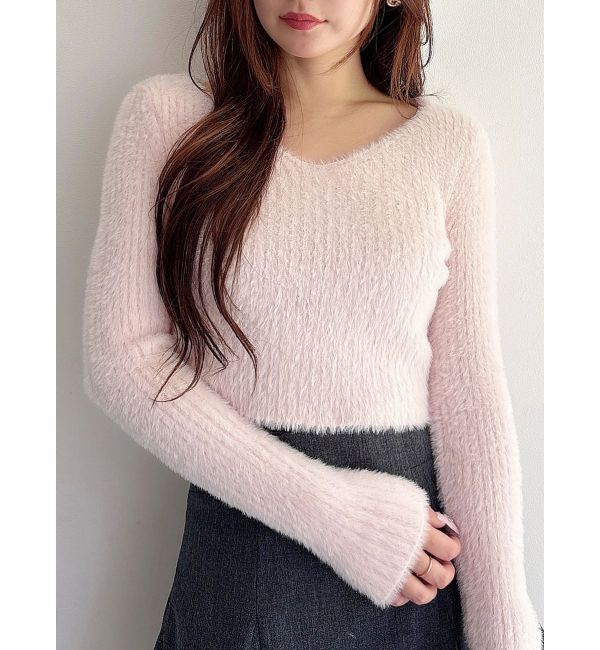 MERCURYDUO「ミニシャギーVネッククロップドニット」|ニット・セーター|ベビーピンク
