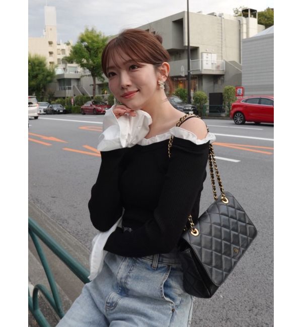 MERCURYDUO「異素材フリルオフショルリブニット」|ニット・セーター|