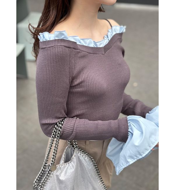 MERCURYDUO「異素材フリルオフショルリブニット」|ニット・セーター|