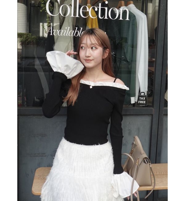 MERCURYDUO「異素材フリルオフショルリブニット」|ニット・セーター|