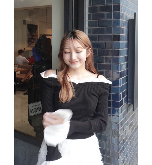 MERCURYDUO「異素材フリルオフショルリブニット」|ニット・セーター|