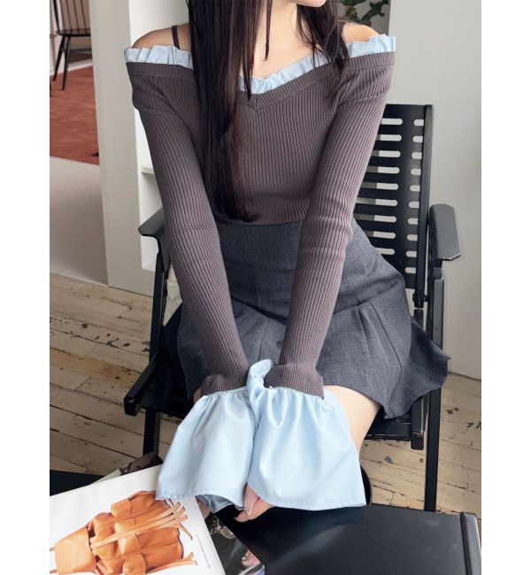 MERCURYDUO「異素材フリルオフショルリブニット」|ニット・セーター|