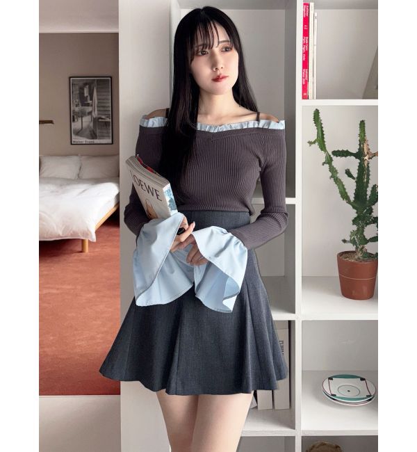 MERCURYDUO「異素材フリルオフショルリブニット」|ニット・セーター|